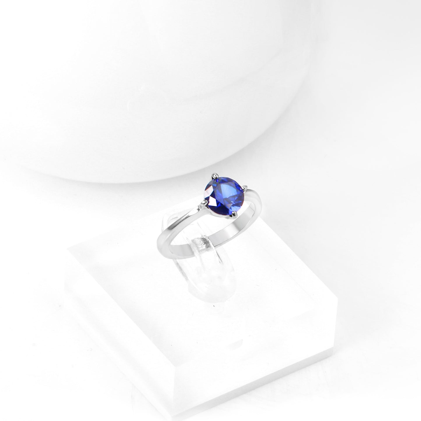 White Gold Plated Blue Stone Crowned Ring